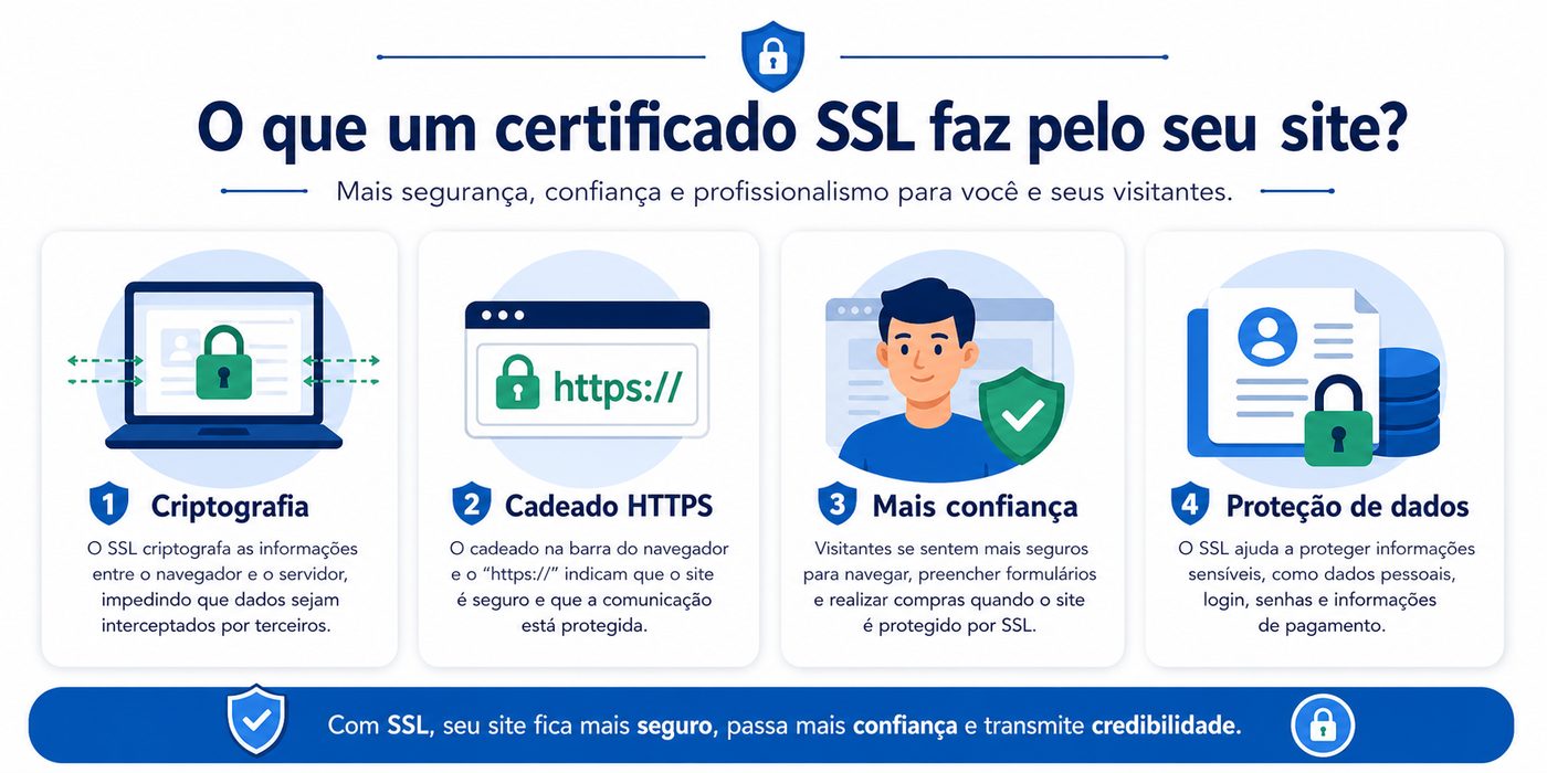 Infográfico com benefícios do certificado SSL: criptografia, cadeado HTTPS, confiança e proteção de dados